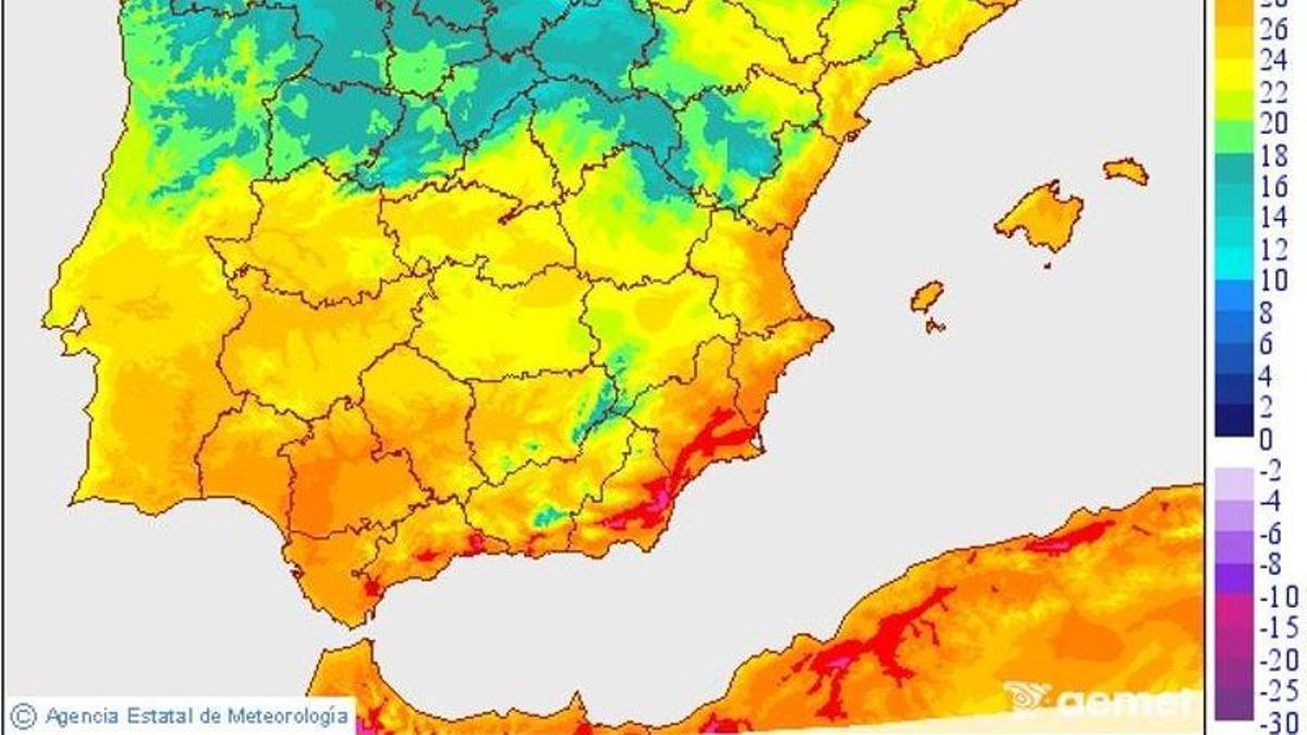 Mapa de calor de la Península Ibérica para hoy.