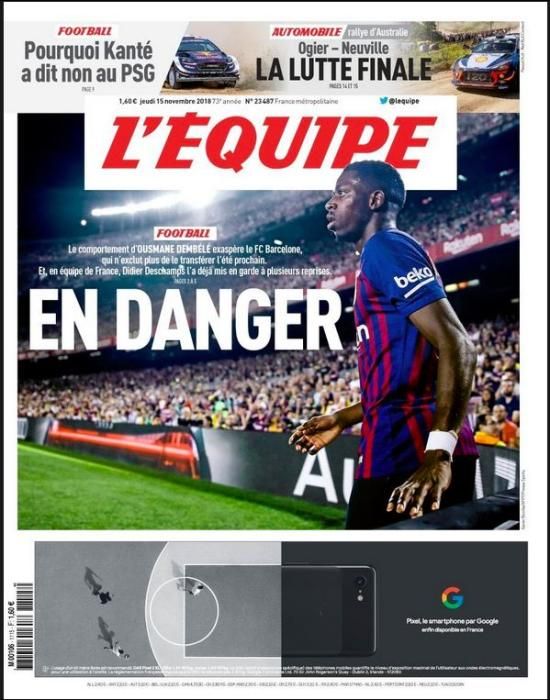 Portada L'EQUIPE jueves 15 noviembre 2018