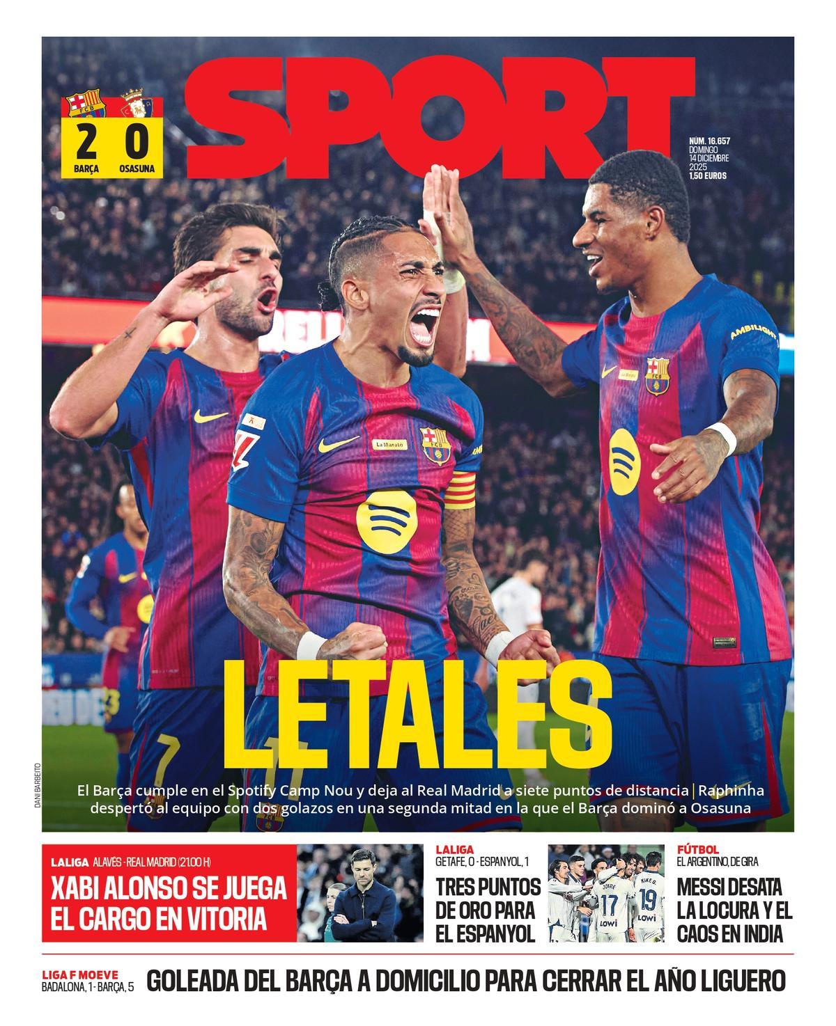 Esta es la portada de SPORT de hoy domingo, 14 de diciembre de 2025