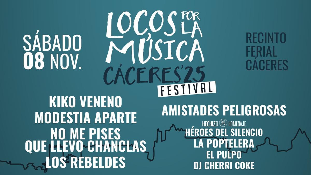 Cartel oficial del evento 'Locos por la Música' en Cáceres.