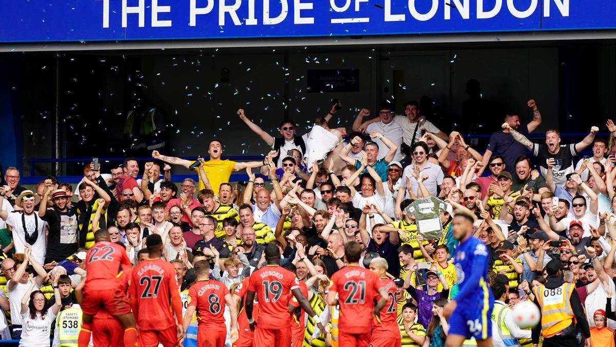 Los jugadores el Watford celebrando un gol, la pasada temporada en Stamford Bridge