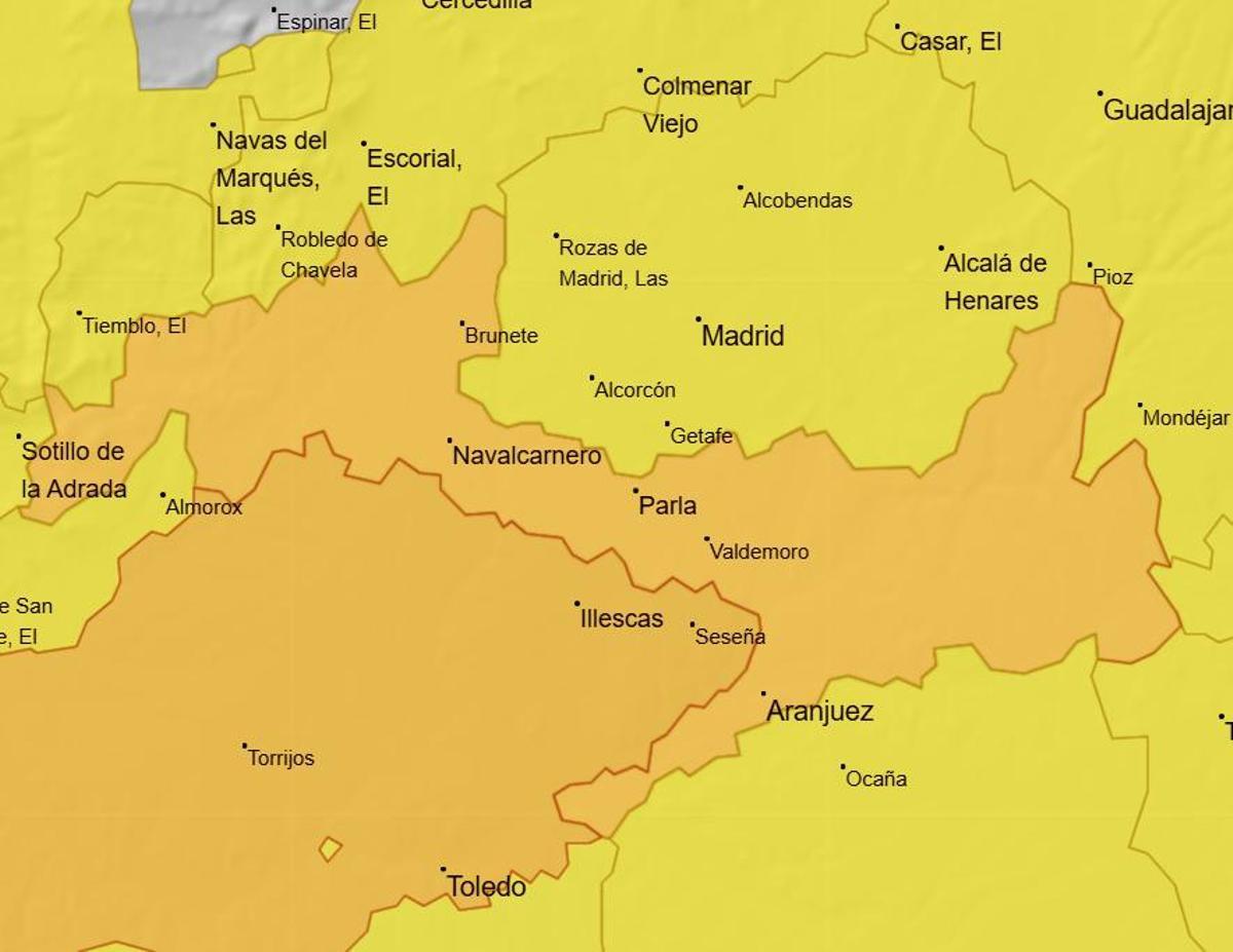 Captura de pantalla del mapa con los avisos previstos por la Aemet para este domingo