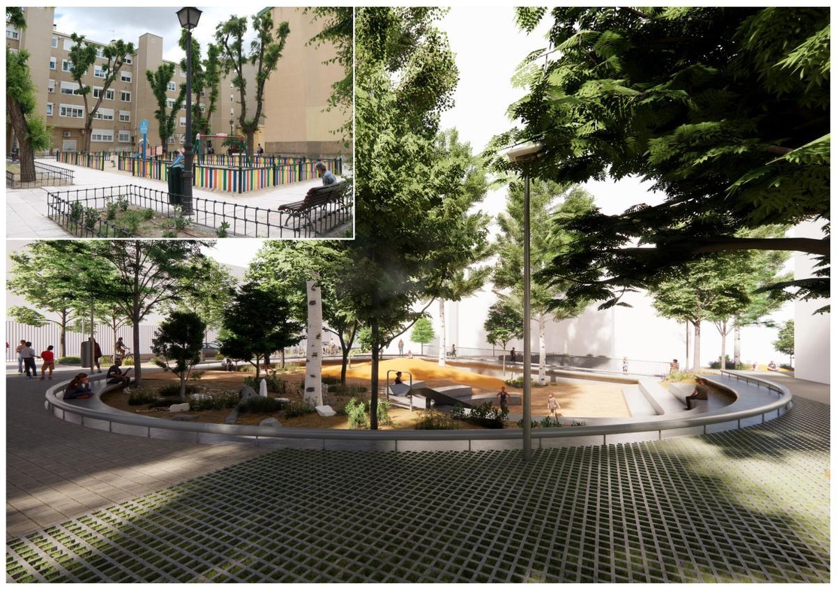 Vista actual del espacio frente al CEIP Sagunto y recreación de como será con la plaza-escuela proyectada