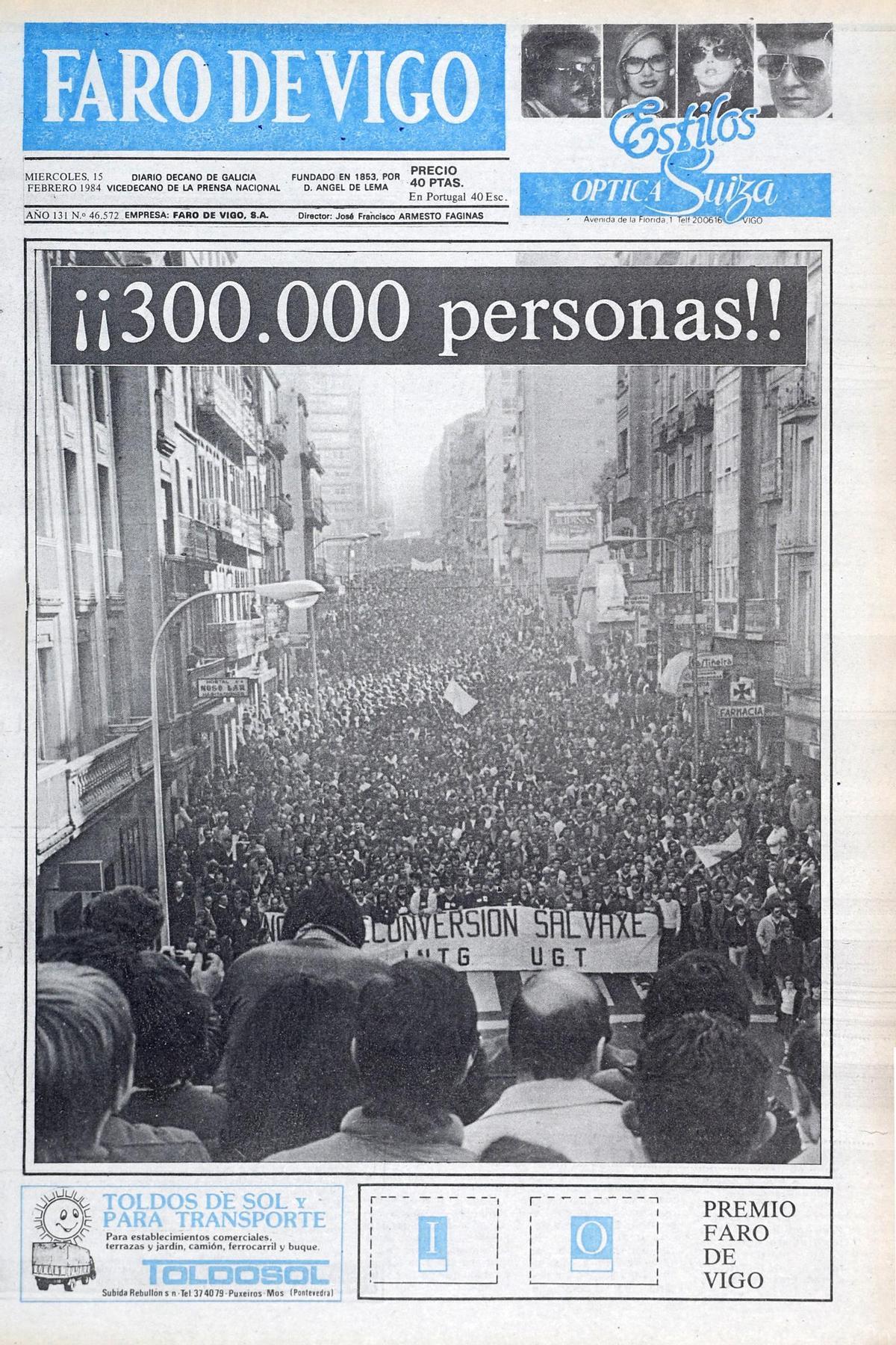 Portada de FARO del miércoles 15 de febrero de 1984.