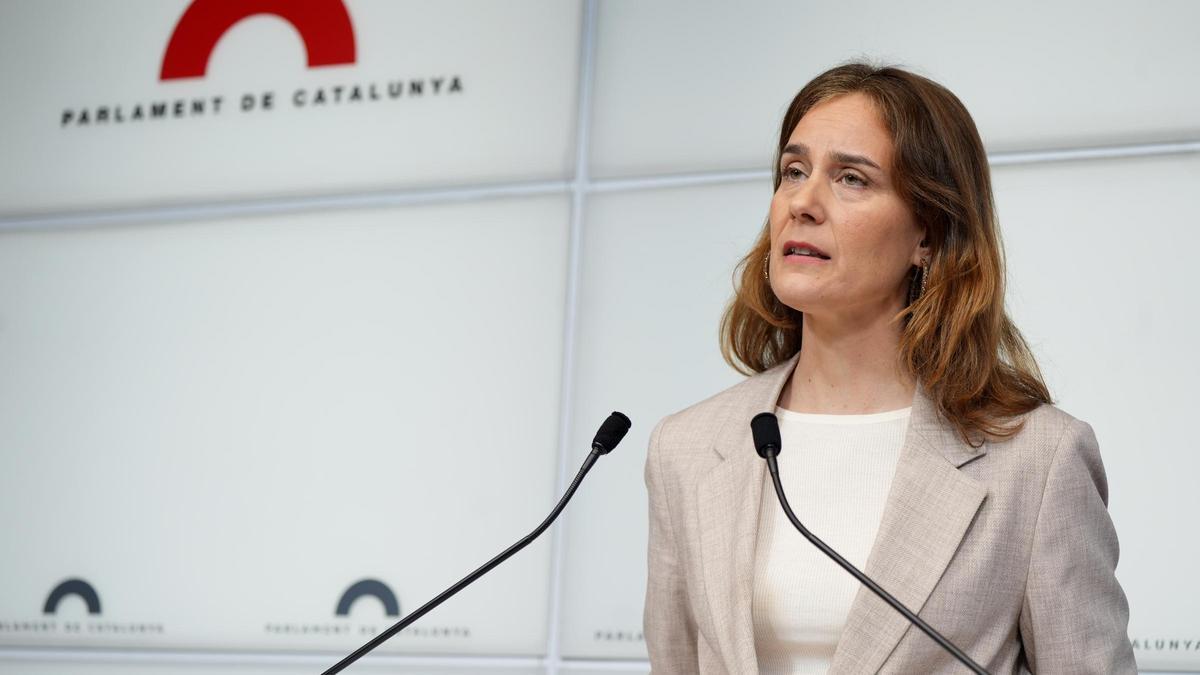 La líder de los Comuns en el Parlament, Jéssica Albiach, este martes en rueda de prensa.