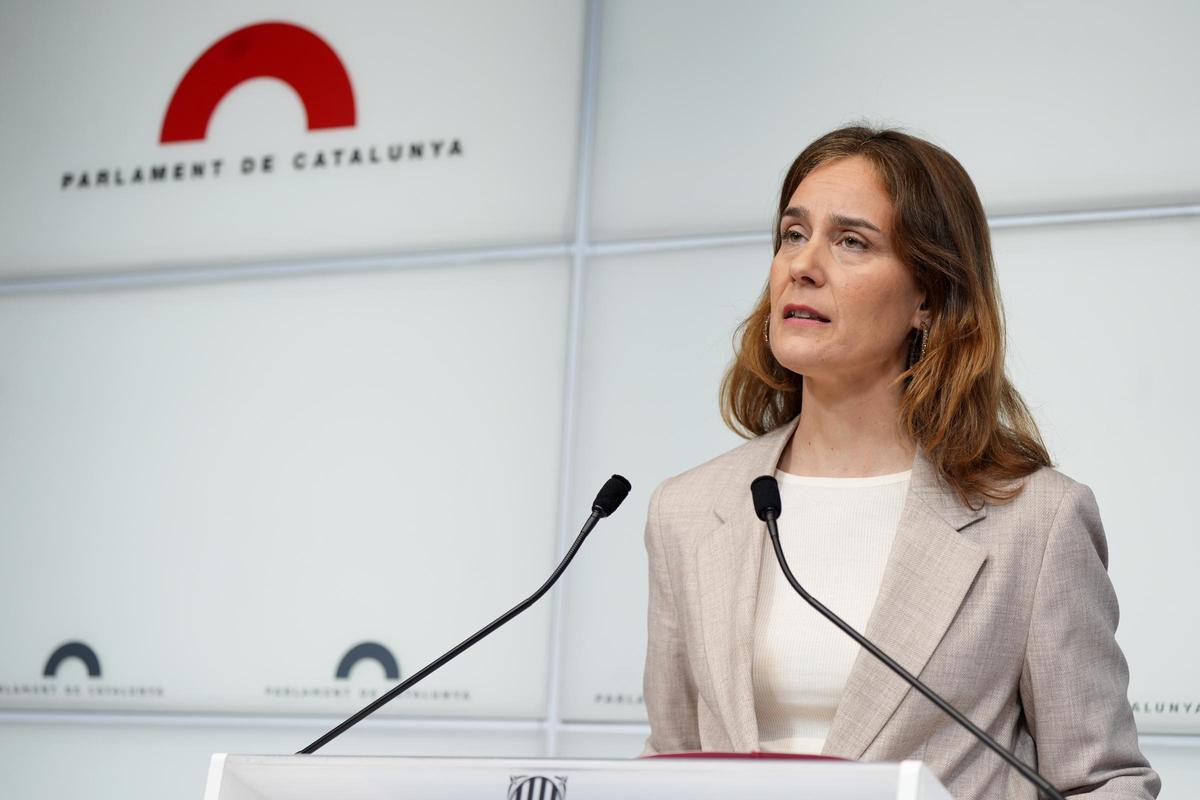 La líder de los Comuns en el Parlament, Jéssica Albiach, este martes en rueda de prensa.