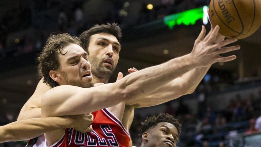 Gasol trata de capturar un rebote.