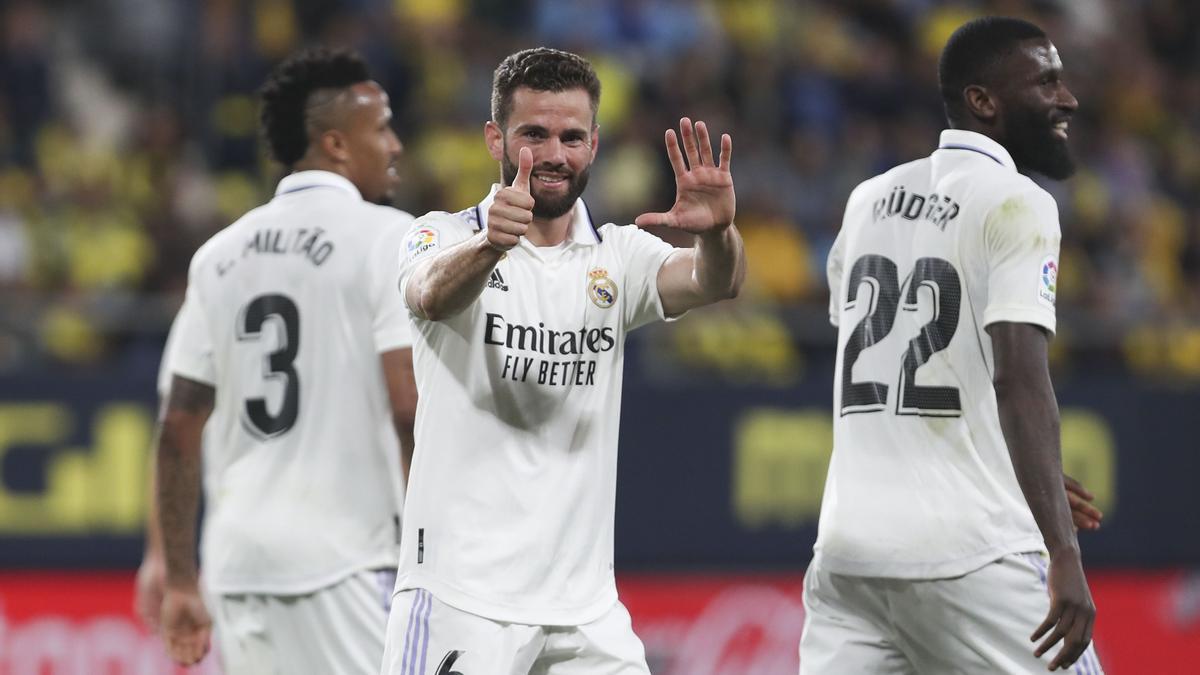 Nacho celebra un gol con el Real Madrid.