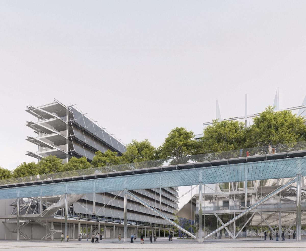 Recreación del edificio de oficinas que se adosará al palacio de Comunicacions y la pasarela que lo unirá con el palacio Multifuncional, en el recinto ferial de Montjuïc.
