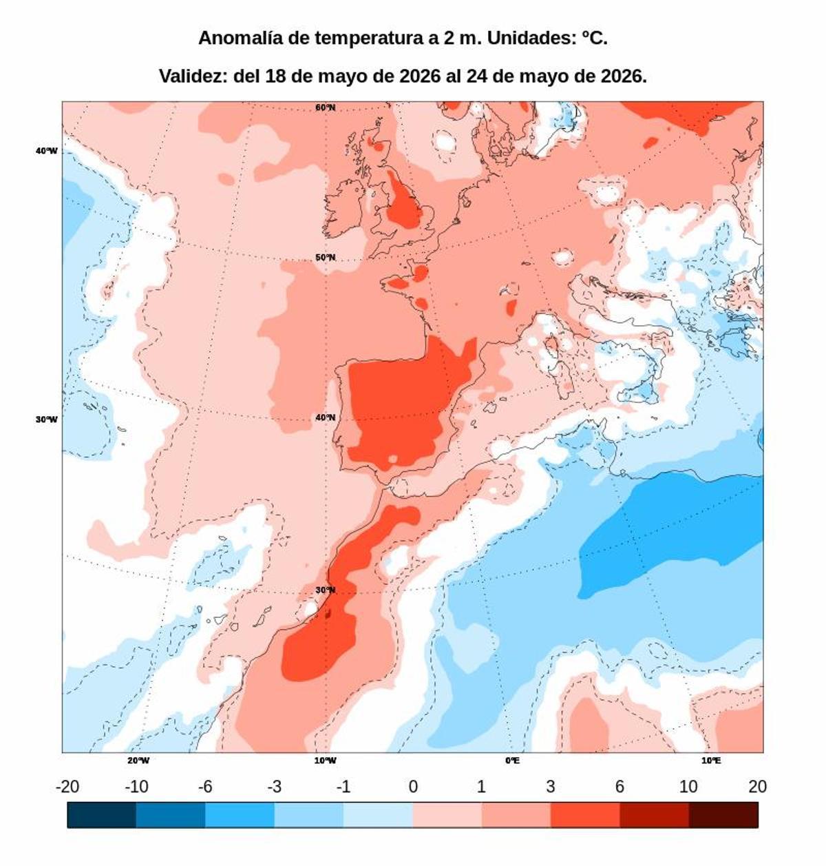 Anomalía de temperaturas esta semana que inauguramos hoy lunes, 18 de mayo.