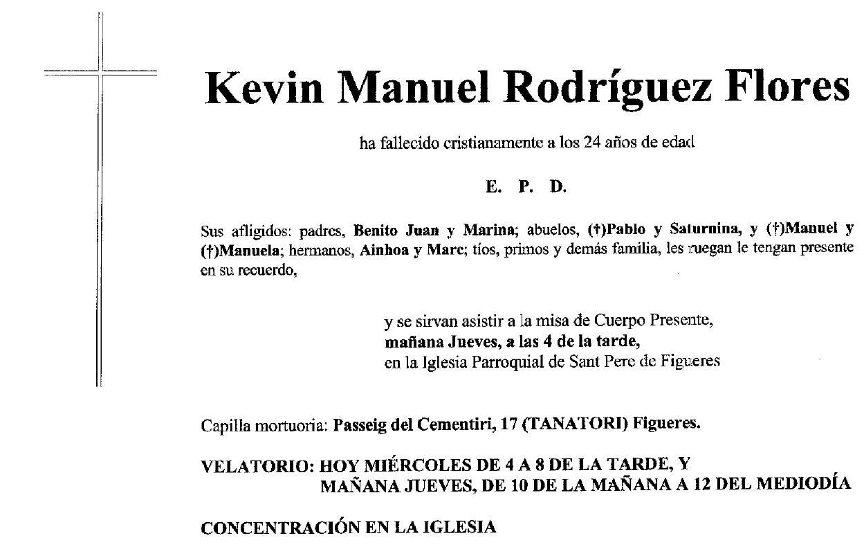 L'esquela de Kevin Manuel Rodríguez Flores