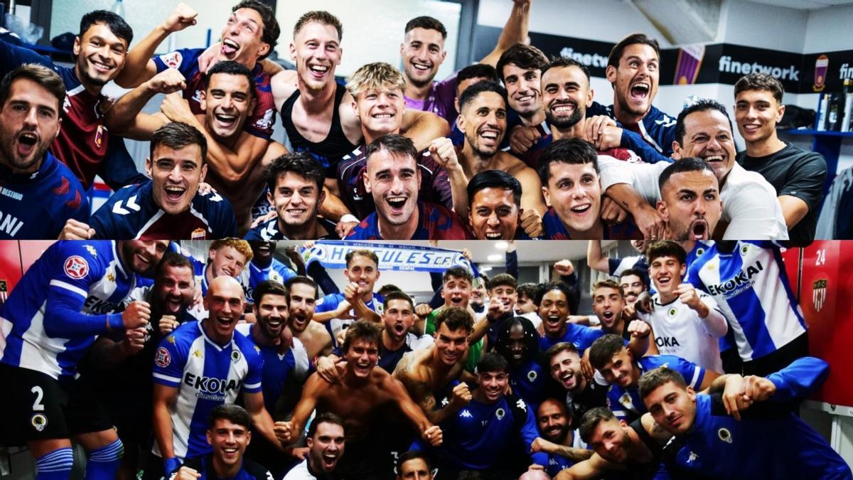 Arriba, plantilla del Eldense; debajo, la del Hércules, en ambos casos después de una victoria en casa.