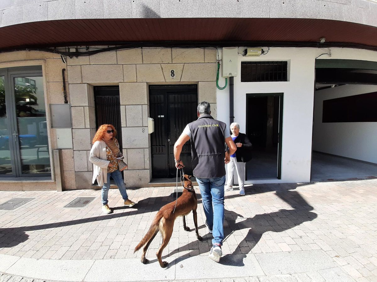 Un agente de la Guardia Civil con un perro adiestrado entra en el edificio de Johan Carballeira para un registro en octubre de 2023.