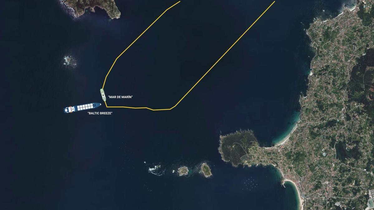 Reproducción de la colisión del pesquero "Mar de Marín" con el buque "Baltic Breeze" en la Ria de Vigo el 1 de Abril del 2014.