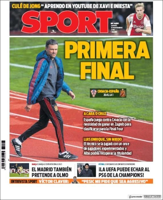 Portada SPORT jueves 15 noviembre 2018