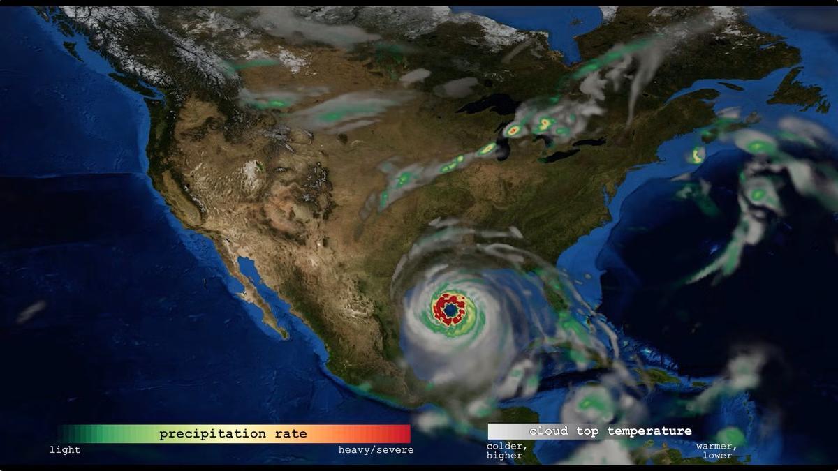 Una simulación climática de resolución variable realizada en el Centro de Supercomputación NCAR-Wyoming muestra un huracán tocando tierra. Gracias a la potencia de las supercomputadoras, los científicos pueden ejecutar modelos como el Modelo Comunitario del Sistema Terrestre, basado en NCAR, para estudiar los impactos del cambio climático en fenómenos meteorológicos a gran escala.