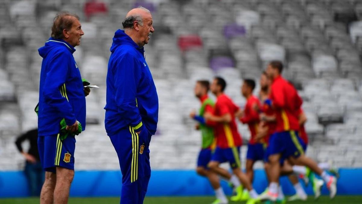Del Bosque observa con Toni Grande, su ayudante, el entrenamiento de España en Toulouse.