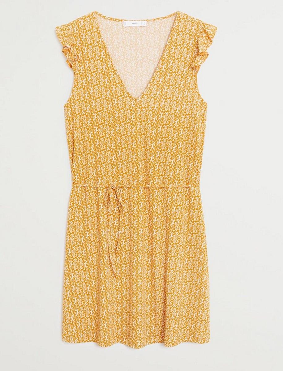 Vestido amarillo de flores, de Mango (precio: 15,99 euros)