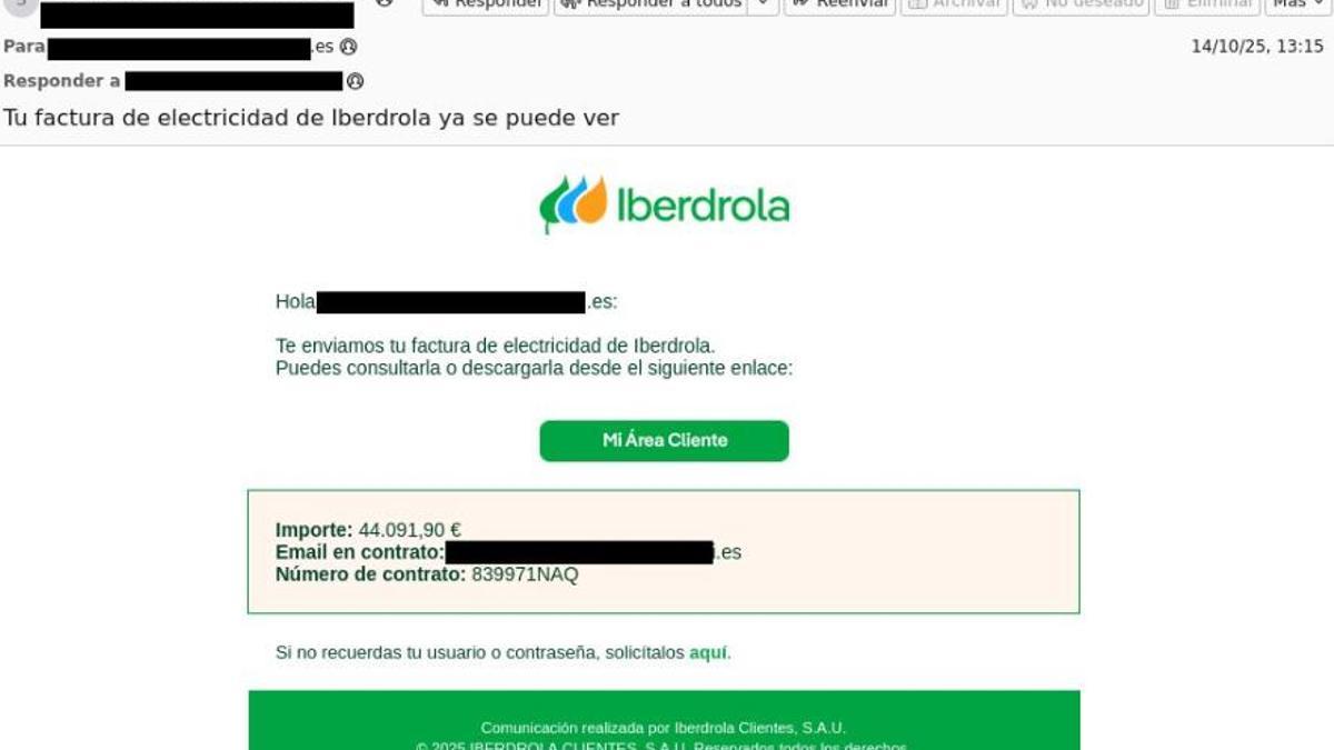 Exemple de correu fraudulent que suplanta Iberdrola
