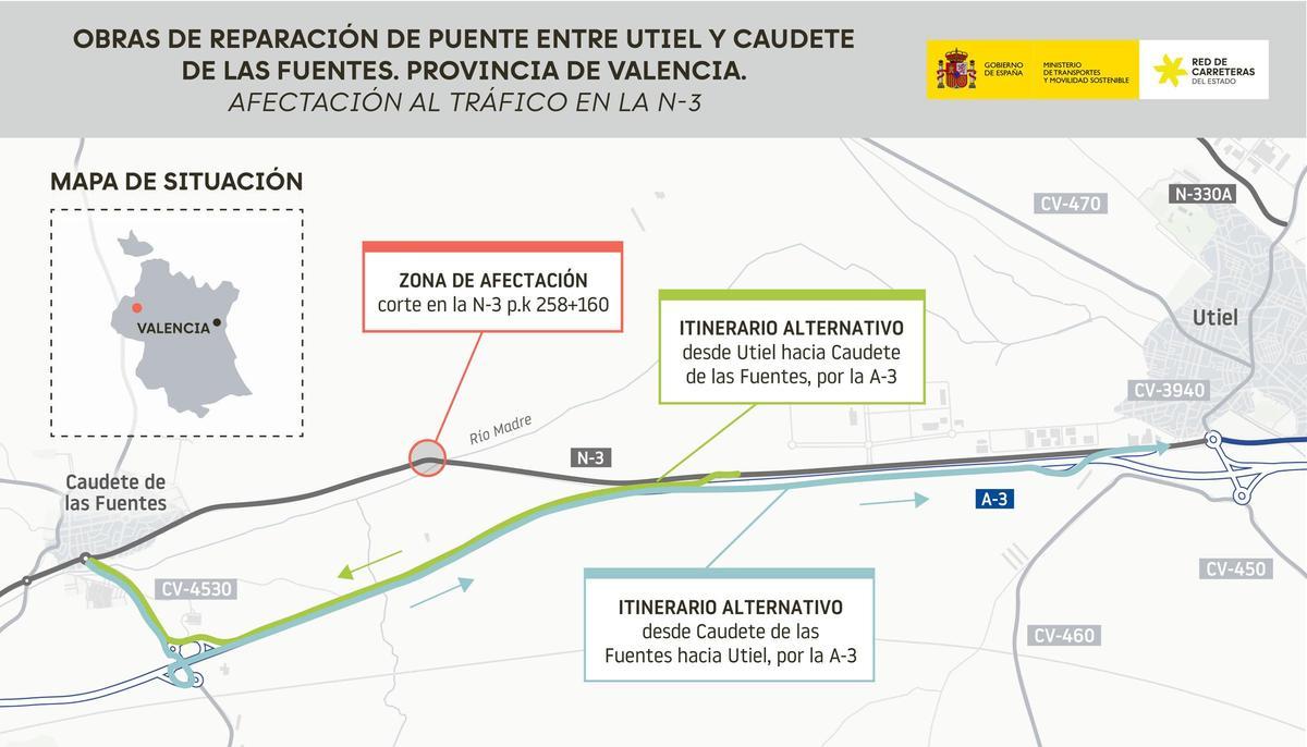 Mapa con el tramo de carretera cortada y los dos itinerarios alternativos.