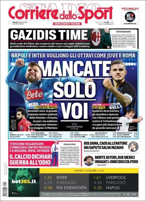 Portada CORRIERE DELLO SPORT martes 11 diciembre