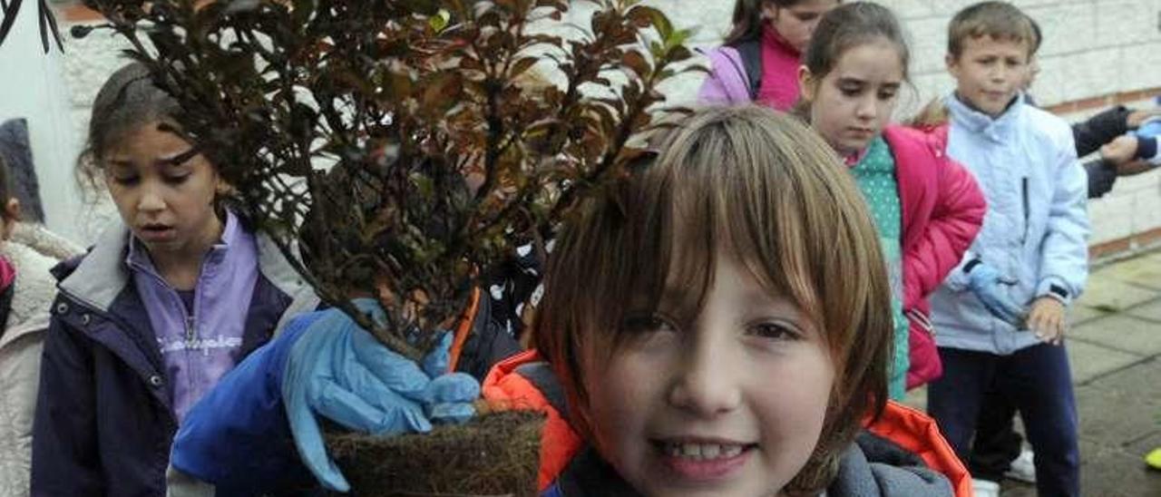 Los niños del CEIP O Piñeiriño estuvieron en contacto con la naturaleza plantando vegetación en Fontecarmoa. // Noé Parga