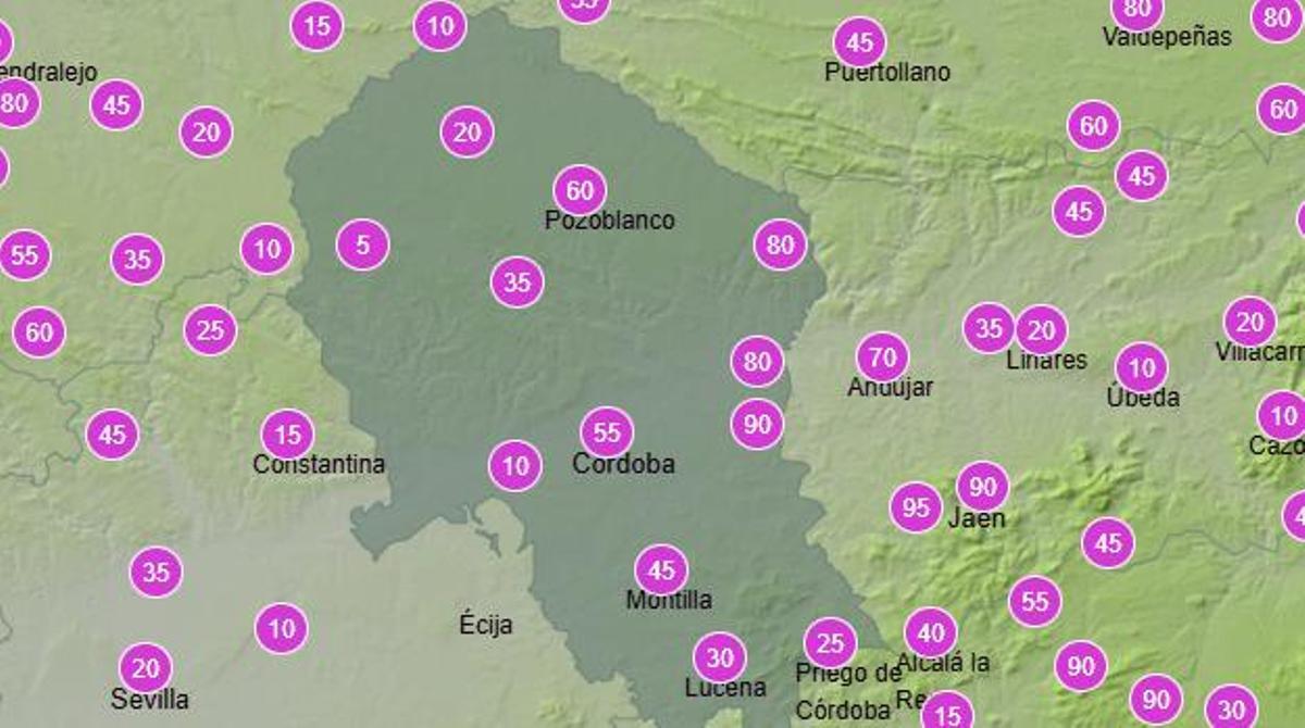Probabiliad de lluvia en la provincia a partir del mediodía de este lunes 2 de marzo.