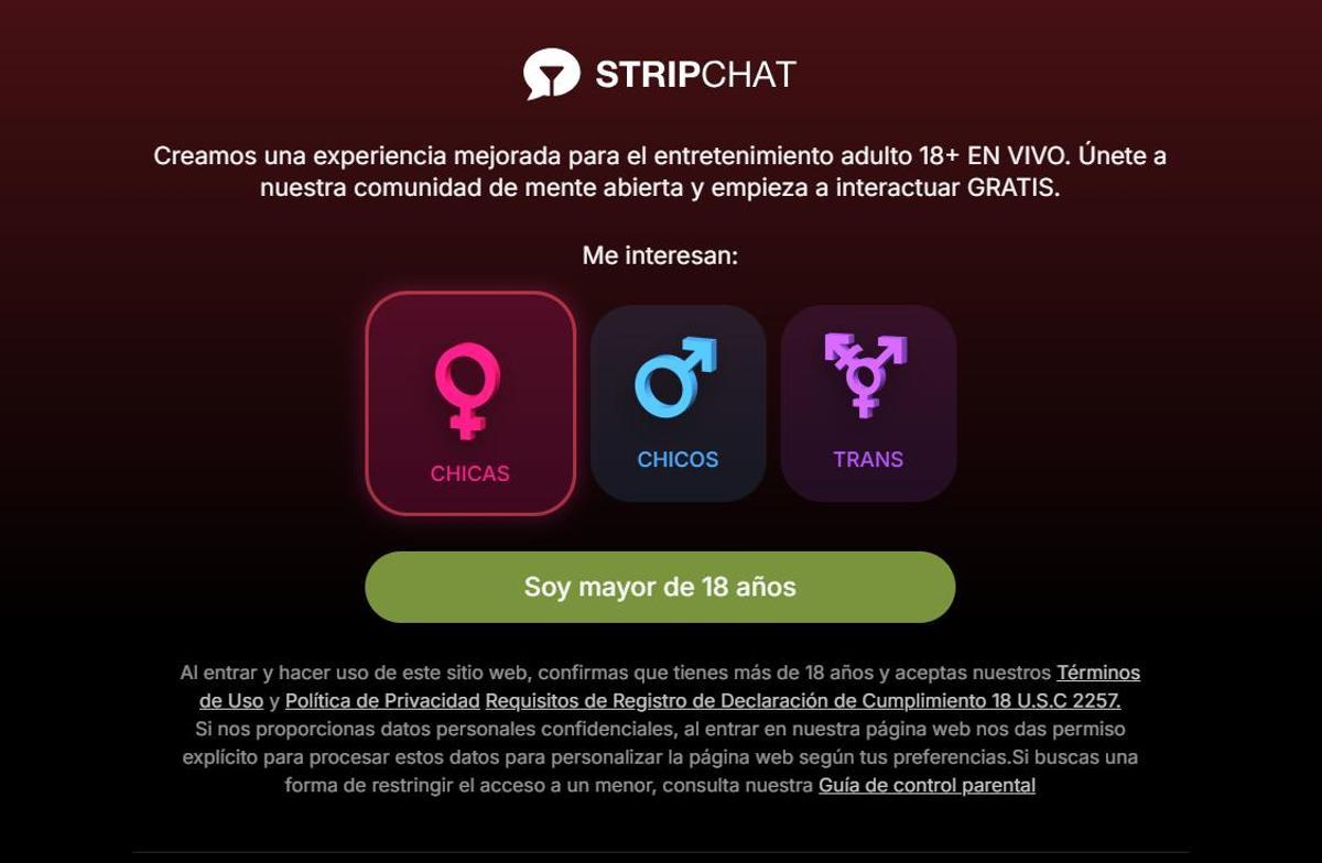 Una pantalla d'Stripchat on s'alerta que el contingut de la plataforma està adreçat a majors d'edat