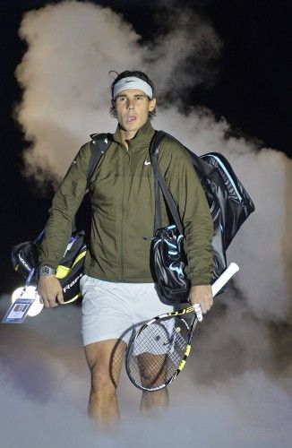 Nadal arrives for his men's singles tennis match against Federer at the ATP World Tour Finals in London