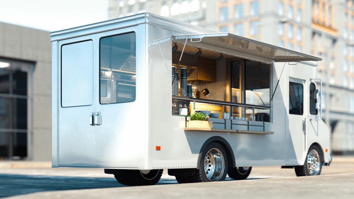 White food truck with detailed interior on street. Takeaway. 3d rendering.