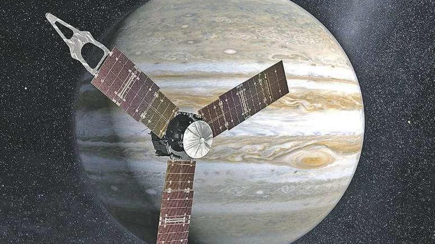 Recreación de la llegada de la sonda &#039;Juno&#039; a la órbita del planeta Júpiter.