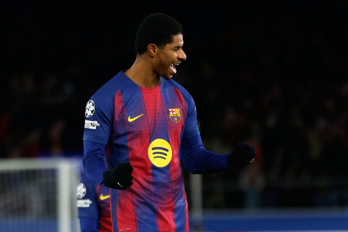 Rashford celebra su gol de falta en el partido de Champions entre Barça y Copenhague
