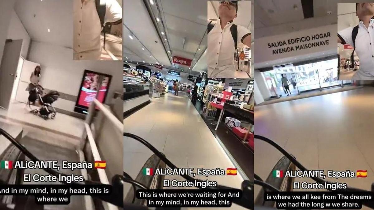 Tres momentos de la incursión del ciclista en El Corte Inglés de Federico Soto en Alicante.
