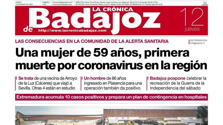 Esta es la portada de LA CRÓNICA DE BADAJOZ correspondiente al día 12 de marzo del 2020