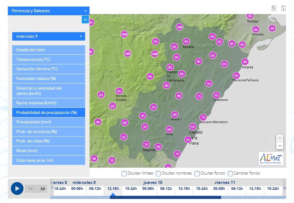 Probabilidad de lluvia en Castellón el miércoles entre las 12.00 y las 18.00 horas.