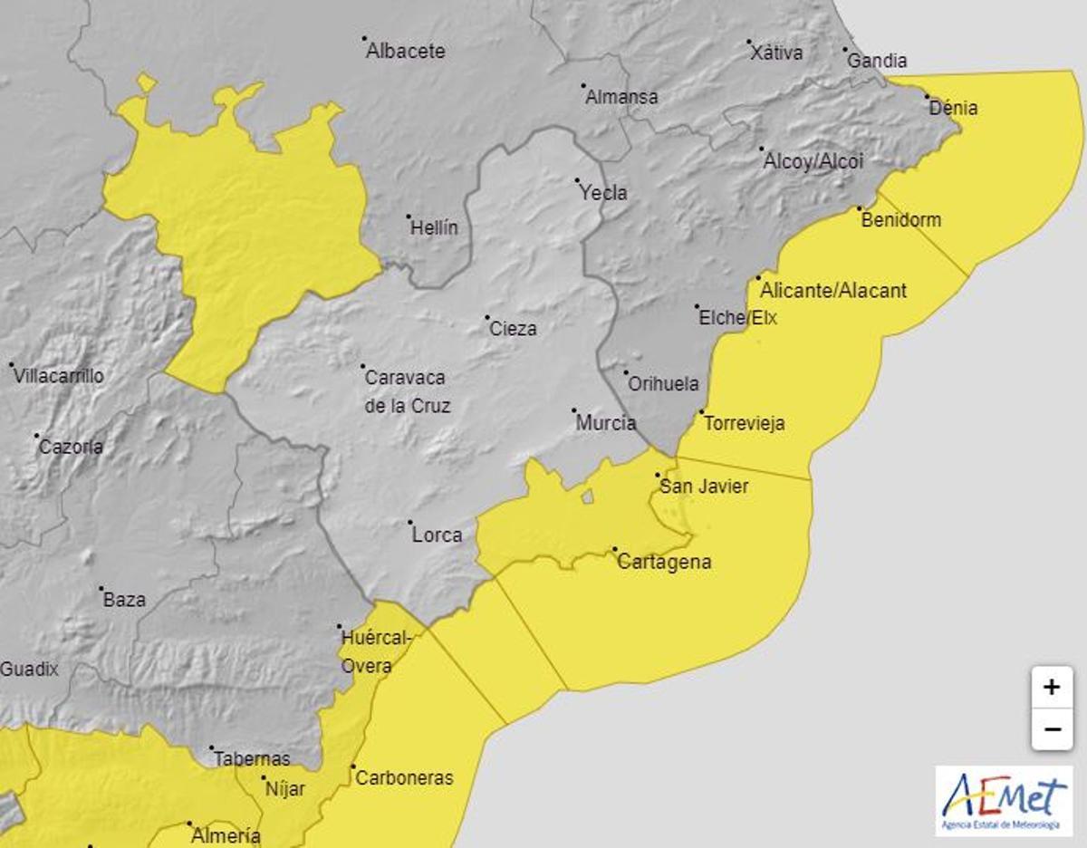 Mapa de alerta meteorológica en la Región de Murcia