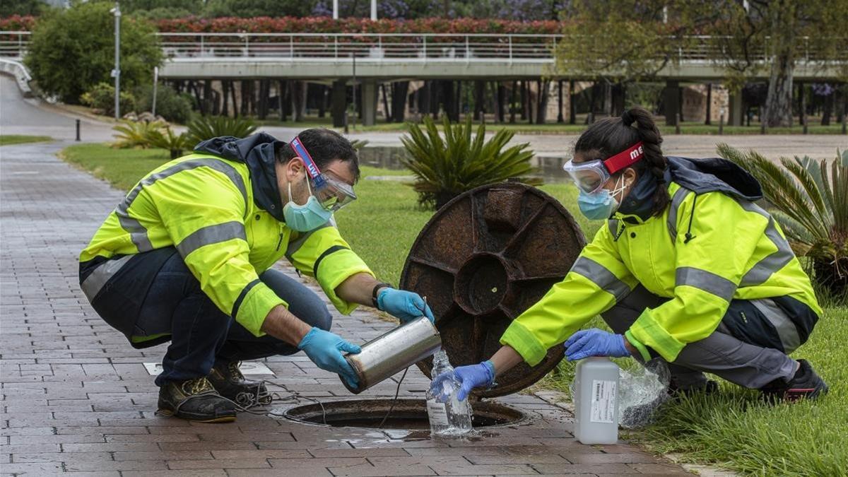 Técnicos recogen una muestra de aguas residuales para rastrear el COVID 19 en València