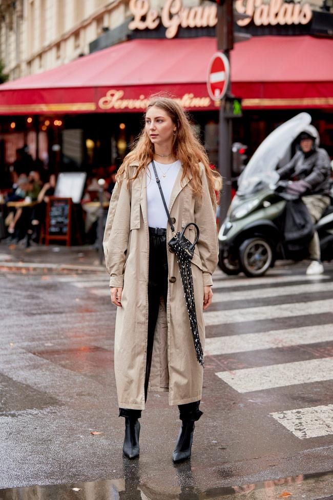 Look con gabardina y botines para los días de lluvia, visto en el 'street style' de París