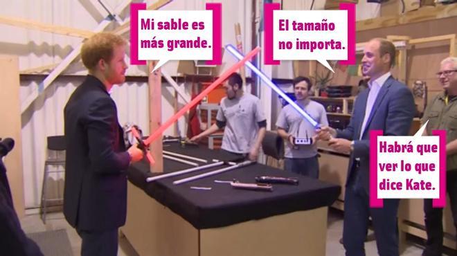 Los príncipes Harry y William juegan con los sables de Star Wars