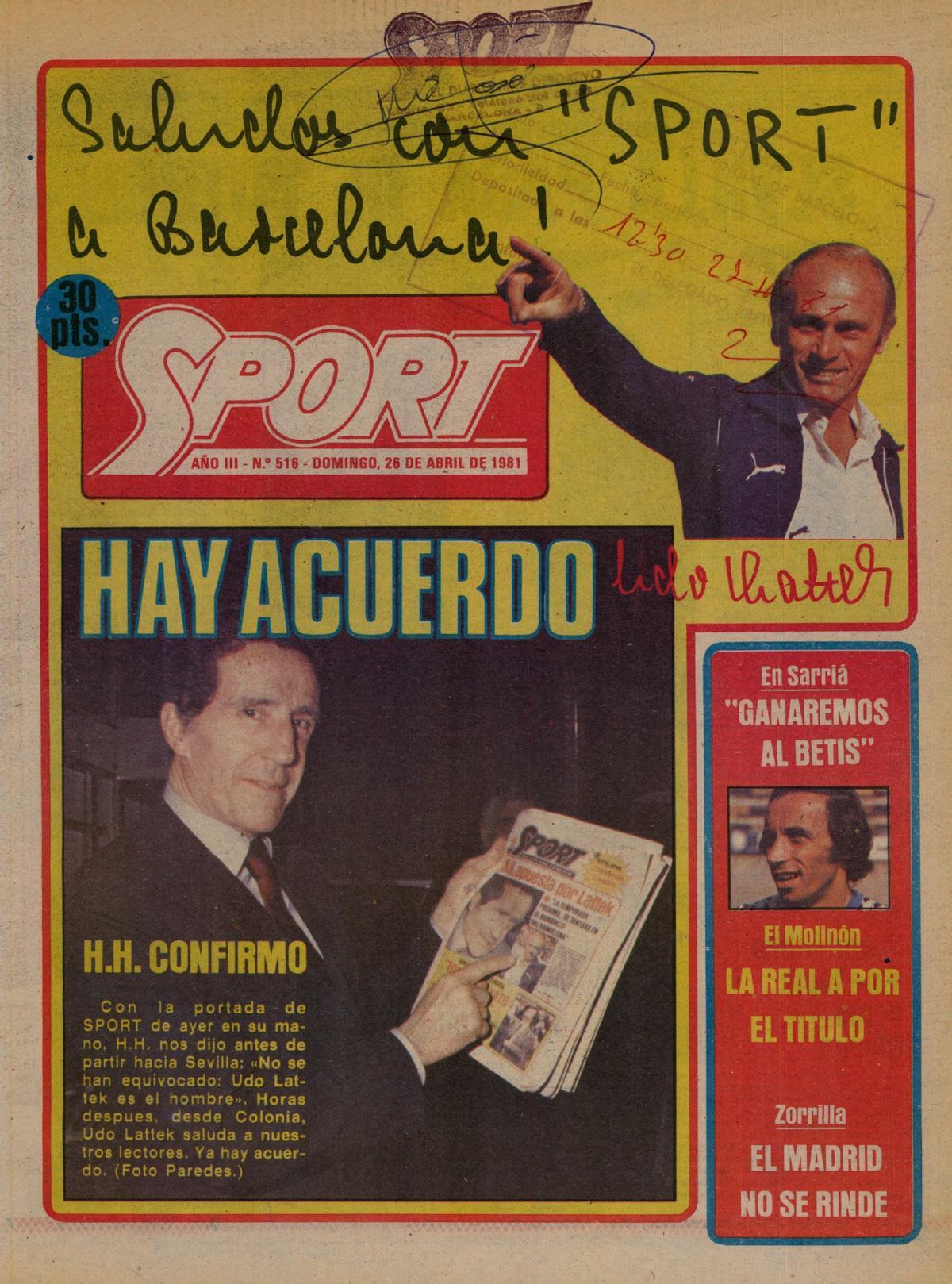 Portada de SPORT con la firma de Udo Lattek en abril de 1981
