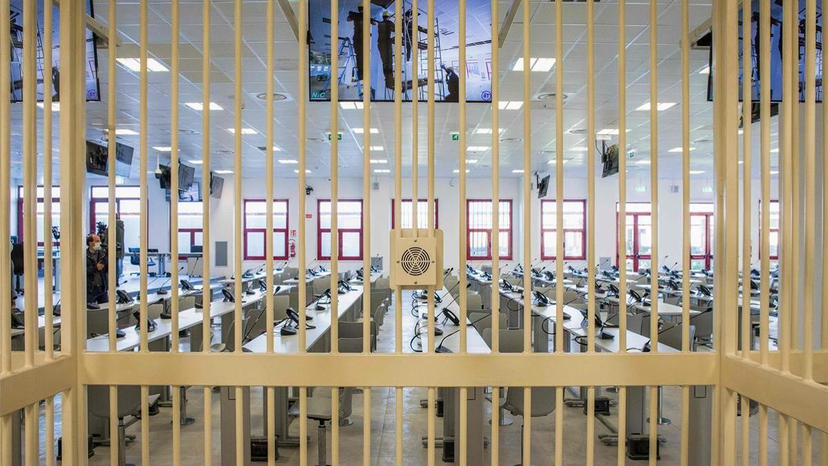 A view taken on December 15  2020 in Lamezia Terme  Calabria  from one of the detained defendants  cells  shows the inside of a new bunker room built for the upcoming  Rinascita-Scott  maxi-trial in which more than 350 alleged members of Calabria s  Ndrangheta mafia group and their associates go on trial this week  - The  Ndrangheta  rooted in the southern region of Calabria  has surpassed Sicily s more famous Cosa Nostra to become Italy s most powerful mafia group  which operates across the world  (Photo by Gianluca CHININEA   AFP)