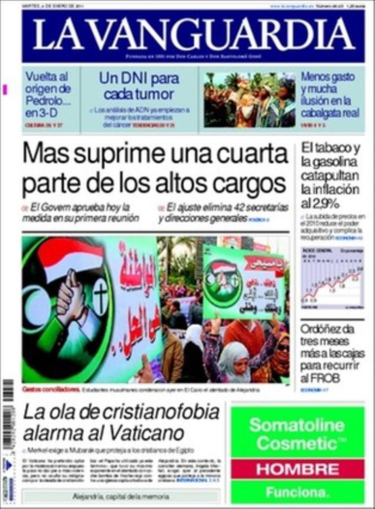 ’La Vanguardia’ destaca a més que el PP català farà servir una marca blanca per a les pròximes eleccions municipals i que la direcció del PP espanyol evita la polèmica amb Francisco Álvarez-Cascos encara que Esperanza Aguirre es rebel·la. També que TV-3 va evitar el 2010 la caiguda soferta per la majoria de les cadenes autonòmiques per la TDT.