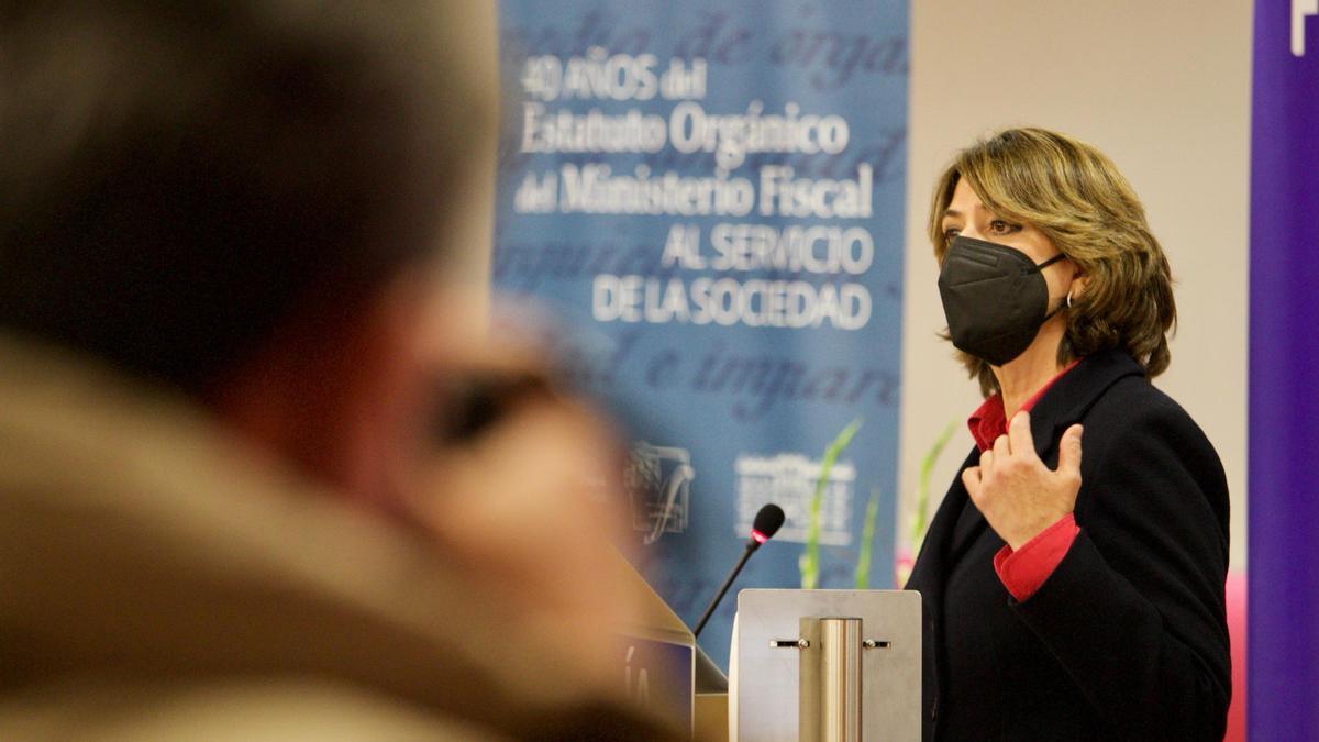 Dolores Delgado, este viernes durante su intervención en el acto en la Ciudad de la Justicia de Murcia.