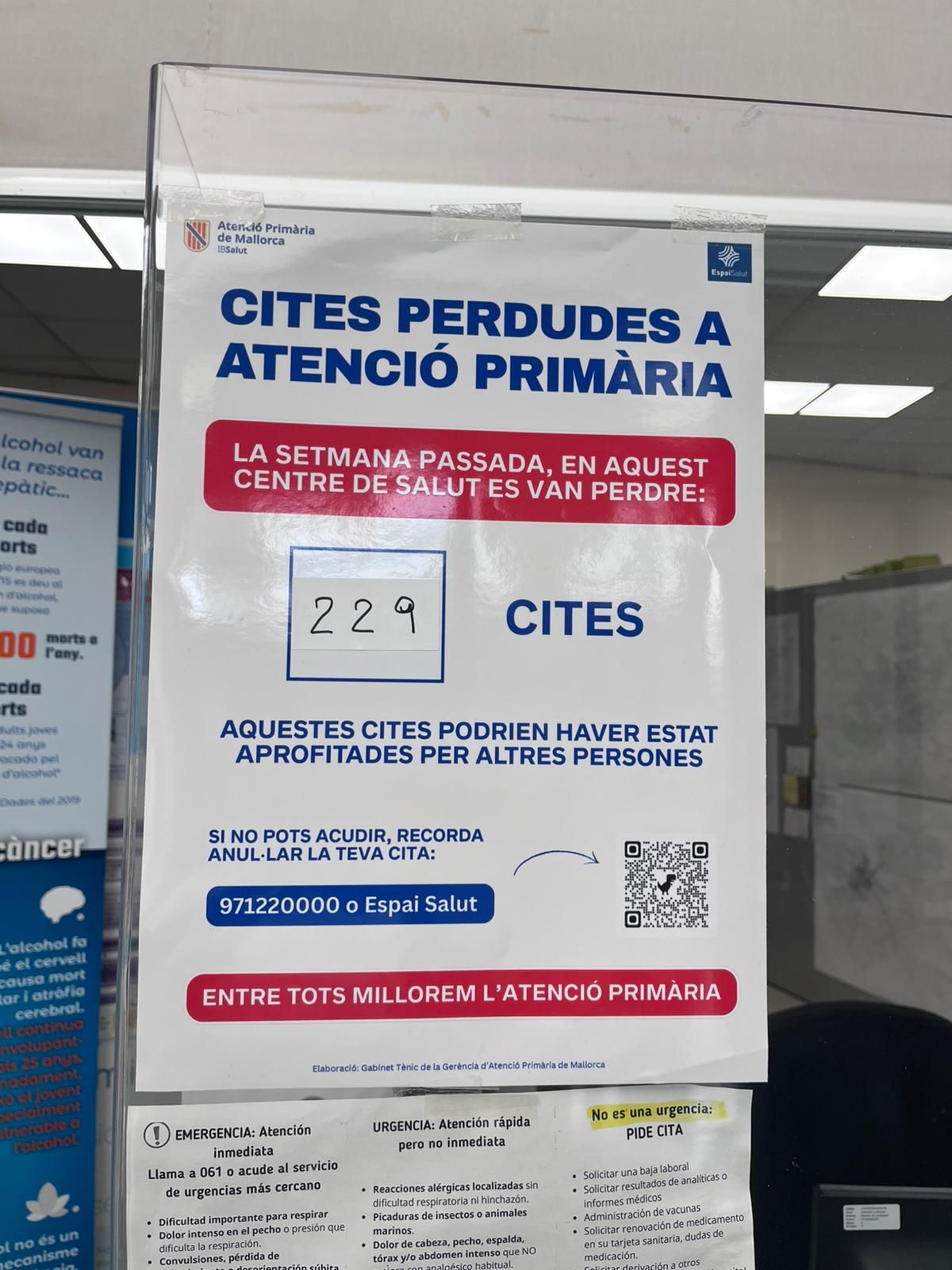 Un cartel en un centro de salud de Mallorca que indica el número de citas que se perdieron la semana anterior porque los pacientes no avisaron ni anularon la consulta.