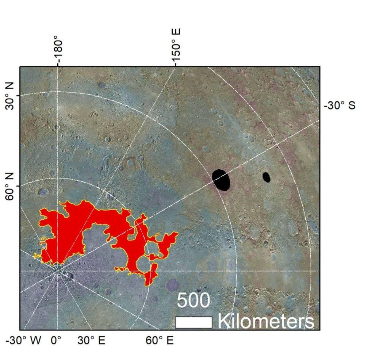Una vista del terreno caótico del polo norte de Mercurio (Borealis Chaos) y los cráteres Raditladi y Eminescu, donde se han identificado evidencias de posibles glaciares de sal.