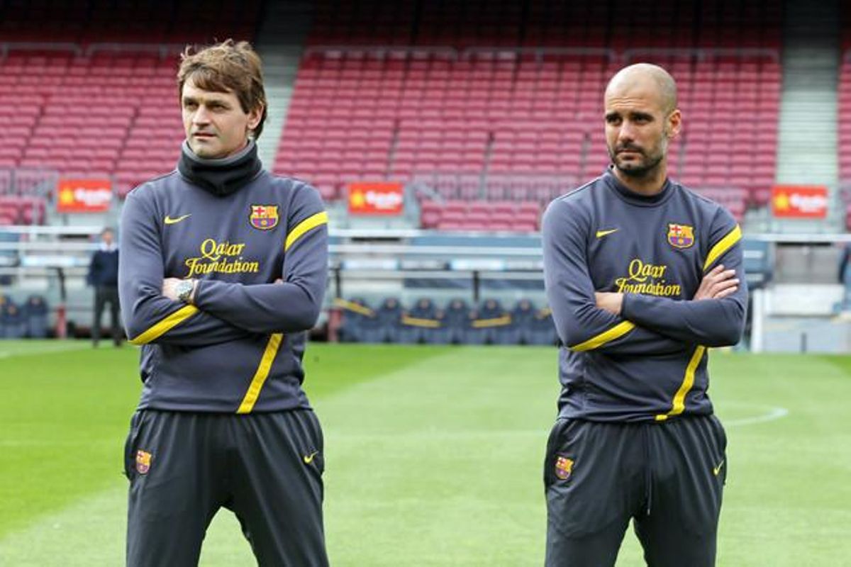 Tito Vilanova junto a Pep Guardiola durante un entrenamiento del equipo.