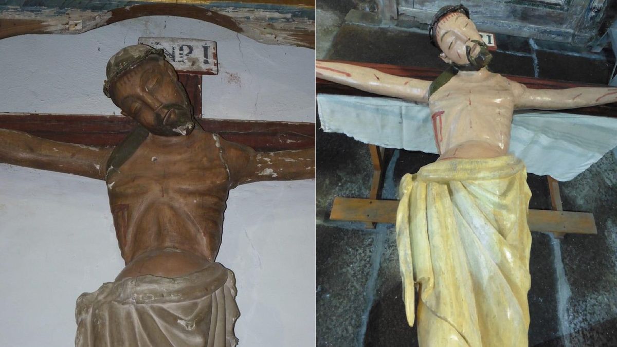 Cristo del Perdón de Gallegos del Campo antes y después de la restauración.