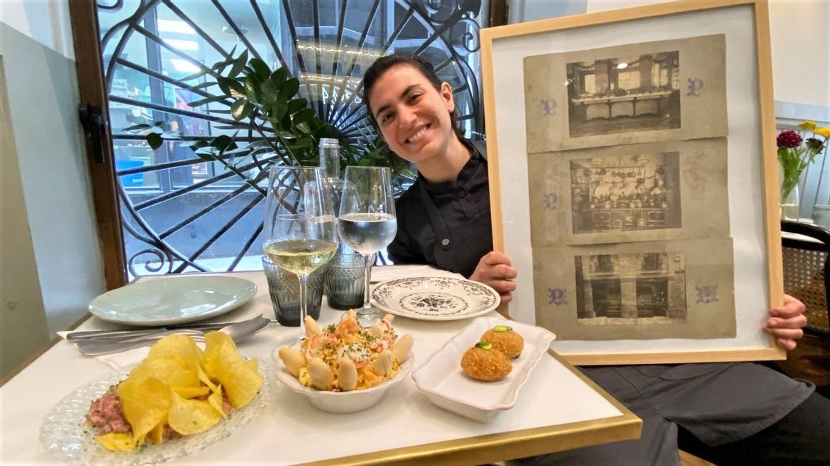 La cocinera Silma Ayres, con unas fotos antiguas de Casa Pince y tres platillos que sirve actualmente el establecimiento.