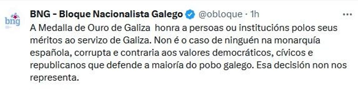 La publicación en X del BNG.
