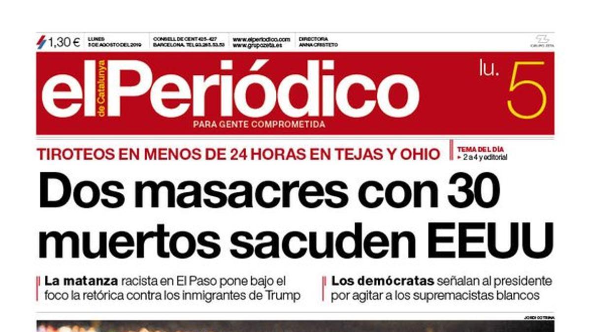 La portada de EL PERIÓDICO del 5 de agosto del 2019